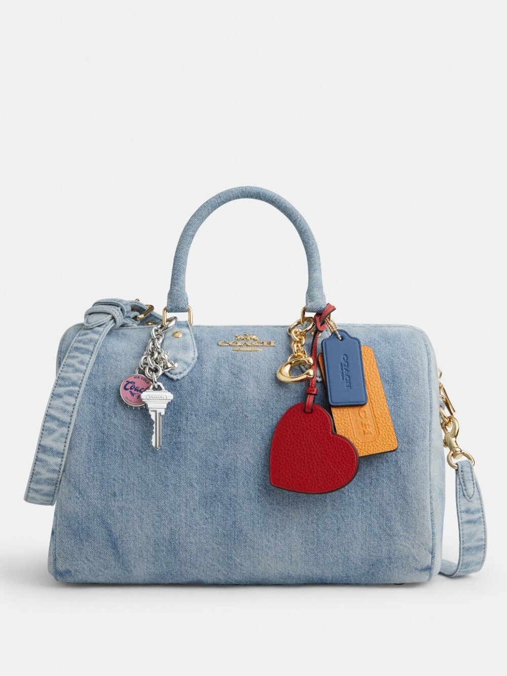 Coach Rowan Large Satchel Bag In Loved Denim With Charms